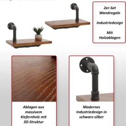 BERLINLODGE 2er-Set Wandregal HxBxT 29x45x25cm Hängeregal Regal Bücherregal 3D-Struktur Industrial Stahl Massiv-Holz Natur