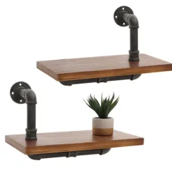 BERLINLODGE 2er-Set Wandregal HxBxT 29x45x25cm Hängeregal Regal Bücherregal 3D-Struktur Industrial Stahl Massiv-Holz Braun