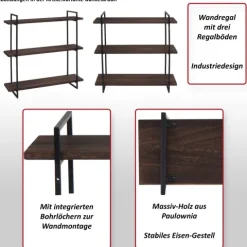 BERLINLODGE Wandregal HxBxT 60x60x18cm 3 Regalböden Massiv-Holz Industrial Weiß Hängeregal Schweberegal
