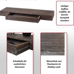 BERLINLODGE Wandregal HxBxT 8x80x25cm Schublade Massiv-Holz Schwarz| Schweberegal Wandboard Hängeregal Regal