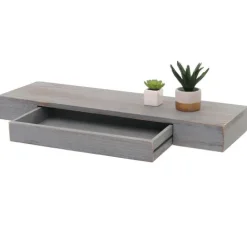 BERLINLODGE Wandregal HxBxT 8x80x25cm Schweberegal Wandboard Hängeregal Regal Schublade Massiv-Holz Grau shabby