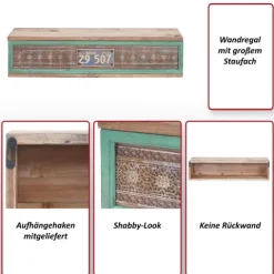BERLINLODGE Wandregal HxBxT 65x16x13cm| Tanne Holz massiv Vintage Patchwork Hängeregal Regal