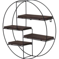 BERLINLODGE Wandregal rund HxBxT 45x45x11cm 4 Regalböden Metall Massiv-Holz Industrial Dunkelbraun| Hängeregal Schweberegal Regal
