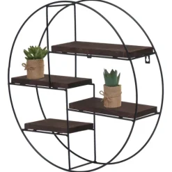 BERLINLODGE Wandregal rund HxBxT 45x45x11cm 4 Regalböden Metall Massiv-Holz Industrial Dunkelbraun| Hängeregal Schweberegal Regal