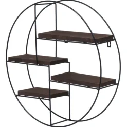 BERLINLODGE Wandregal rund HxBxT 45x45x11cm 4 Regalböden Metall Massiv-Holz Industrial Dunkelbraun| Hängeregal Schweberegal Regal