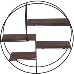 BERLINLODGE Wandregal rund HxBxT 45x45x11cm 4 Regalböden Metall Massiv-Holz Industrial Dunkelbraun| Hängeregal Schweberegal Regal