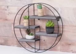 BERLINLODGE Wandregal rund HxBxT 45x45x11cm 4 Regalböden Metall Massiv-Holz Industrial Dunkelgrau| Hängeregal Schweberegal Regal