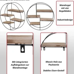 BERLINLODGE Wandregal rund HxBxT 45x45x11cm 4 Regalböden Metall Massiv-Holz Industrial Natur| Hängeregal Schweberegal Regal