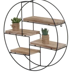 BERLINLODGE Wandregal rund HxBxT 45x45x11cm 4 Regalböden Metall Massiv-Holz Industrial Natur| Hängeregal Schweberegal Regal