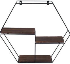 BERLINLODGE Wandregal sechseckig HxBxT 43x49x11cm 3 Regalböden Metall Massiv-Holz Industrial Dunkelbraun| Hängeregal Schweberegal Regal