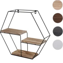 BERLINLODGE Wandregal sechseckig HxBxT 43x49x11cm 3 Regalböden Metall Massiv-Holz Industrial Weiß Hängeregal Schweberegal Regal