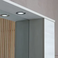 Breites 106 cm Badmöbelset mit Türen und Füßen, Waschbecken, Spiegel mit Hängeschrank und LED | Rimini