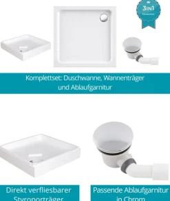 Calmwaters® Acryl-Brausewannen-Set | Duschwanne mit Wannenträger und Excenter-Ablaufgarnitur | 80 x 80 x 6,5 cm | Weiß | 99000116