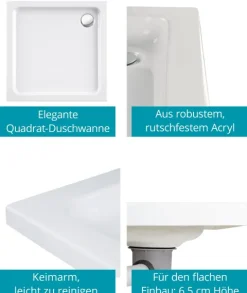 Calmwaters® Acryl-Brausewannen-Set | Duschwanne mit Wannenträger und Excenter-Ablaufgarnitur | 80 x 80 x 6,5 cm | Weiß | 99000116