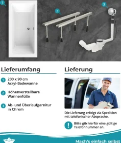Calmwaters® Badewannen-Set 200x90 cm, Made in EU, mit Wannenfüßen & Ablaufgarnitur, Acrylwanne Modern Square 2, ergonomische Körperform, Set Duo-Badewanne komplett, 200 x 90 cm, Weiß, 99000310