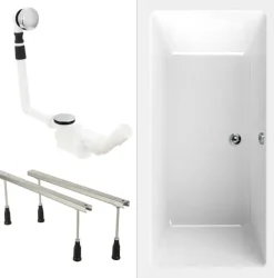 Calmwaters® Badewannen-Set 200x90 cm, Made in EU, mit Wannenfüßen & Ablaufgarnitur, Acrylwanne Modern Square 2, ergonomische Körperform, Set Duo-Badewanne komplett, 200 x 90 cm, Weiß, 99000310