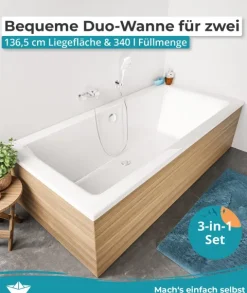 Calmwaters® Badewannen-Set 200x90 cm, Made in EU, mit Wannenfüßen & Ablaufgarnitur, Acrylwanne Modern Square 2, ergonomische Körperform, Set Duo-Badewanne komplett, 200 x 90 cm, Weiß, 99000310