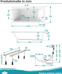 Calmwaters® Badewannen-Set 200x90 cm, Made in EU, mit Wannenfüßen & Ablaufgarnitur, Acrylwanne Modern Square 2, ergonomische Körperform, Set Duo-Badewanne komplett, 200 x 90 cm, Weiß, 99000310