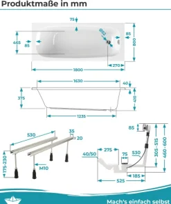 Calmwaters® Badewannen-Set 180x80 cm Original, Made in EU, 3in1 Acryl-Badewanne mit Wannenfüßen & Ablaufgarnitur, ergonomische Körperform-Wanne komplett Set, 180 x 80 cm, Weiß, 99000343