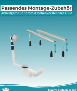 Calmwaters® Badewannen-Set 180x80 cm Original, Made in EU, 3in1 Acryl-Badewanne mit Wannenfüßen & Ablaufgarnitur, ergonomische Körperform-Wanne komplett Set, 180 x 80 cm, Weiß, 99000343