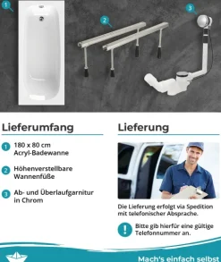 Calmwaters® Badewannen-Set 180x80 cm Original, Made in EU, 3in1 Acryl-Badewanne mit Wannenfüßen & Ablaufgarnitur, ergonomische Körperform-Wanne komplett Set, 180 x 80 cm, Weiß, 99000343