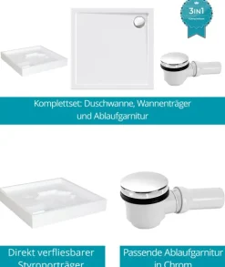 Calmwaters® Duschwannen-Set Modern Select, Flache Acryl-Brausewanne mit Wannenträger und Excenter-Ablaufgarnitur, 80 x 80 x 2,5 cm, Komplettset Acrylwanne, Bodengleicher Einbau, Weiß, 99000119