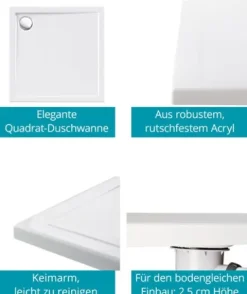 Calmwaters® Duschwannen-Set Modern Select, Flache Acryl-Brausewanne mit Wannenträger und Excenter-Ablaufgarnitur, 80 x 80 x 2,5 cm, Komplettset Acrylwanne, Bodengleicher Einbau, Weiß, 99000119