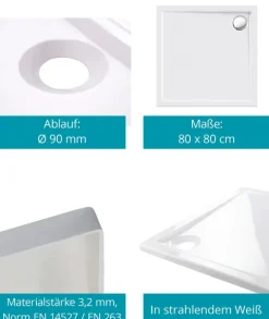 Calmwaters® Duschwannen-Set Modern Select, Flache Acryl-Brausewanne mit Wannenträger und Excenter-Ablaufgarnitur, 80 x 80 x 2,5 cm, Komplettset Acrylwanne, Bodengleicher Einbau, Weiß, 99000119
