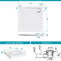 Calmwaters® Duschwannen-Set Modern Select, Flache Acryl-Brausewanne mit Wannenträger und Excenter-Ablaufgarnitur, 80 x 80 x 2,5 cm, Komplettset Acrylwanne, Bodengleicher Einbau, Weiß, 99000119