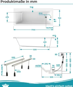 Calmwaters® Rechteck Badewannen-Set 170x75 cm mit Wannenfüßen & Ablaufgarnitur, Made in EU, Acrylwanne Modern Square, Körperformwanne, Set Badewanne komplett, 170 x 75 cm, Weiß, 99000284