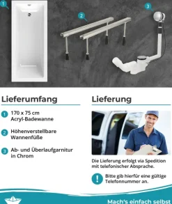 Calmwaters® Rechteck Badewannen-Set 170x75 cm mit Wannenfüßen & Ablaufgarnitur, Made in EU, Acrylwanne Modern Square, Körperformwanne, Set Badewanne komplett, 170 x 75 cm, Weiß, 99000284