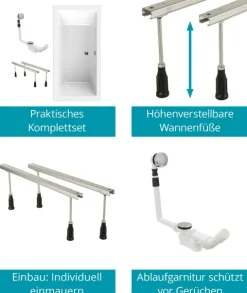 Calmwaters® Rechteck Badewannen-Set 190x90 cm mit Wannenfüßen & Ablaufgarnitur, Acrylwanne Modern Square 2, Körperformwanne, Set Badewanne komplett, 190 x 90 cm, Weiß, 99000308