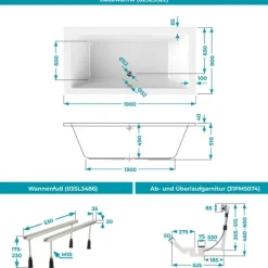 Calmwaters® Rechteck Badewannen-Set 190x90 cm mit Wannenfüßen & Ablaufgarnitur, Acrylwanne Modern Square 2, Körperformwanne, Set Badewanne komplett, 190 x 90 cm, Weiß, 99000308