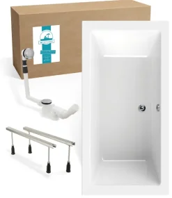 Calmwaters® Rechteck Badewannen-Set 190x90 cm mit Wannenfüßen & Ablaufgarnitur, Acrylwanne Modern Square 2, Körperformwanne, Set Badewanne komplett, 190 x 90 cm, Weiß, 99000308
