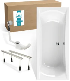 Calmwaters® Rechteck Badewannen-Set 180x80 cm mit Wannenfüßen & Ablaufgarnitur, Acrylwanne Modern Curved, Duowanne für zwei, Set Badewanne komplett, 180 x 80 cm, Weiß, 99000299