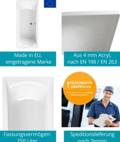 Calmwaters® Rechteck Badewannen-Set 180x80 cm mit Wannenfüßen & Ablaufgarnitur, Acrylwanne Modern Curved, Duowanne für zwei, Set Badewanne komplett, 180 x 80 cm, Weiß, 99000299