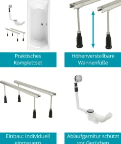 Calmwaters® Rechteck Badewannen-Set 180x80 cm mit Wannenfüßen & Ablaufgarnitur, Acrylwanne Modern Curved, Duowanne für zwei, Set Badewanne komplett, 180 x 80 cm, Weiß, 99000299