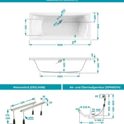 Calmwaters® Rechteck Badewannen-Set 180x80 cm mit Wannenfüßen & Ablaufgarnitur, Acrylwanne Modern Curved, Duowanne für zwei, Set Badewanne komplett, 180 x 80 cm, Weiß, 99000299