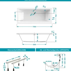 Calmwaters® Rechteck Badewannen-Set 170x75 cm mit Wannenfüßen & Ablaufgarnitur, Acrylwanne Modern Select, Körperformwanne, Set Badewanne komplett, 170 x 75 cm, Weiß, 99000293