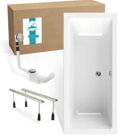 Calmwaters® Rechteck Badewannen-Set 170x75 cm mit Wannenfüßen & Ablaufgarnitur, Acrylwanne Modern Select, Körperformwanne, Set Badewanne komplett, 170 x 75 cm, Weiß, 99000293