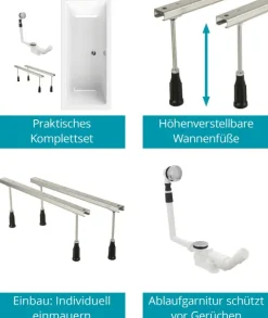 Calmwaters® Rechteck Badewannen-Set 170x75 cm mit Wannenfüßen & Ablaufgarnitur, Acrylwanne Modern Select, Körperformwanne, Set Badewanne komplett, 170 x 75 cm, Weiß, 99000293