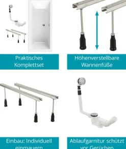 Calmwaters® Rechteck Badewannen-Set 180x80 cm mit Wannenfüßen & Ablaufgarnitur, Acrylwanne Modern Select, Duowanne mit Ablauf mittig für zwei, Set Badewanne komplett, 180 x 80 cm, Weiß, 99000296