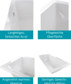 Calmwaters® Rechteck Badewannen-Set 180x80 cm mit Wannenfüßen & Ablaufgarnitur, Acrylwanne Modern Select, Duowanne mit Ablauf mittig für zwei, Set Badewanne komplett, 180 x 80 cm, Weiß, 99000296