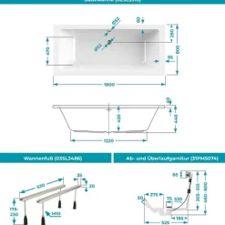 Calmwaters® Rechteck Badewannen-Set 180x80 cm mit Wannenfüßen & Ablaufgarnitur, Acrylwanne Modern Select, Duowanne mit Ablauf mittig für zwei, Set Badewanne komplett, 180 x 80 cm, Weiß, 99000296