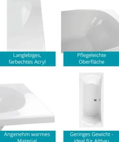 Calmwaters® Rechteck Badewanne Komplettset 180x80 cm mit Wannenträger & Ablaufgarnitur, Acrylwanne Modern Curved, Duowanne für 2, Set Badewanne komplett, Rechteckbadewanne 180 x 80, Weiß, 99000159