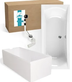 Calmwaters® Rechteck Badewanne Komplettset 180x80 cm mit Wannenträger & Ablaufgarnitur, Acrylwanne Modern Curved, Duowanne für 2, Set Badewanne komplett, Rechteckbadewanne 180 x 80, Weiß, 99000159