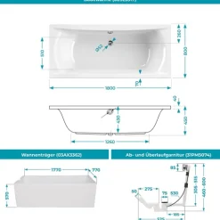 Calmwaters® Rechteck Badewanne Komplettset 180x80 cm mit Wannenträger & Ablaufgarnitur, Acrylwanne Modern Curved, Duowanne für 2, Set Badewanne komplett, Rechteckbadewanne 180 x 80, Weiß, 99000159