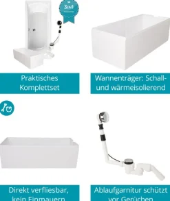 Calmwaters® Rechteck Badewanne Komplettset 180x80 cm mit Wannenträger & Ablaufgarnitur, Acrylwanne Modern Curved, Duowanne für 2, Set Badewanne komplett, Rechteckbadewanne 180 x 80, Weiß, 99000159