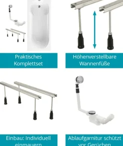 Calmwaters® Rechteck Badewannen-Set 180x80 cm mit Wannenfüßen & Ablaufgarnitur, Acrylwanne Modern Small 2 mit integriertem Duschbereich, Set Badewanne komplett, 180 x 80 cm, Weiß, 99000290