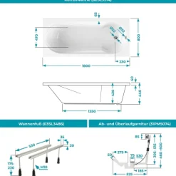 Calmwaters® Rechteck Badewannen-Set 180x80 cm mit Wannenfüßen & Ablaufgarnitur, Acrylwanne Modern Small 2 mit integriertem Duschbereich, Set Badewanne komplett, 180 x 80 cm, Weiß, 99000290